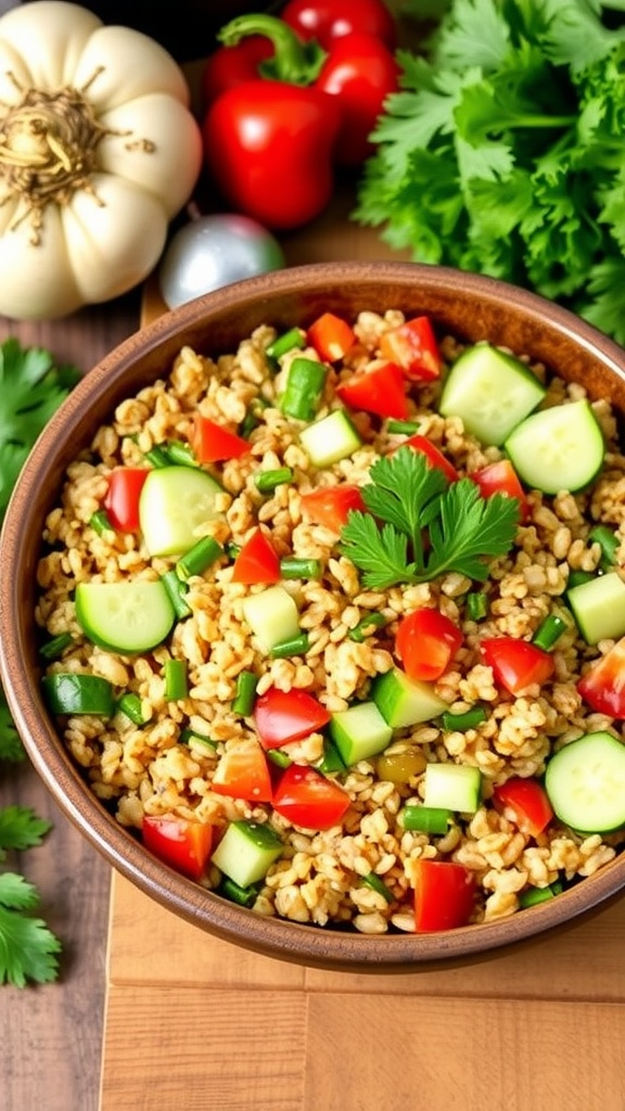 A colorful 9-grain salad with various grains, fresh veggies, and a zesty dressing in a rustic bowl.
